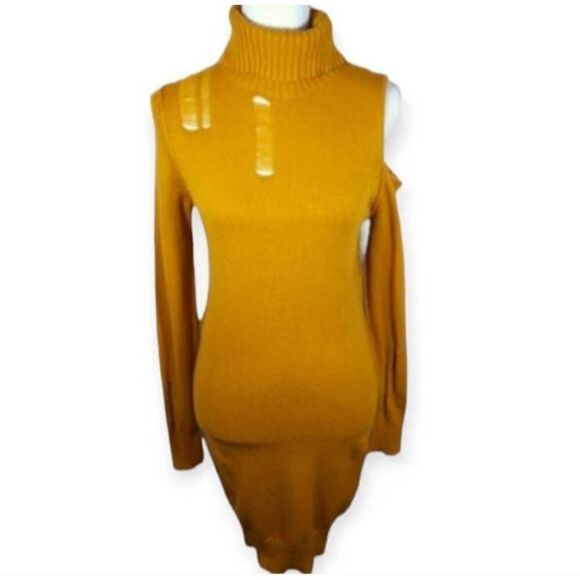 Forever 21 Mustard Turtleneck Distressed Sweater Open Shoulder Dress Size m. EU - Picture 5 of 11